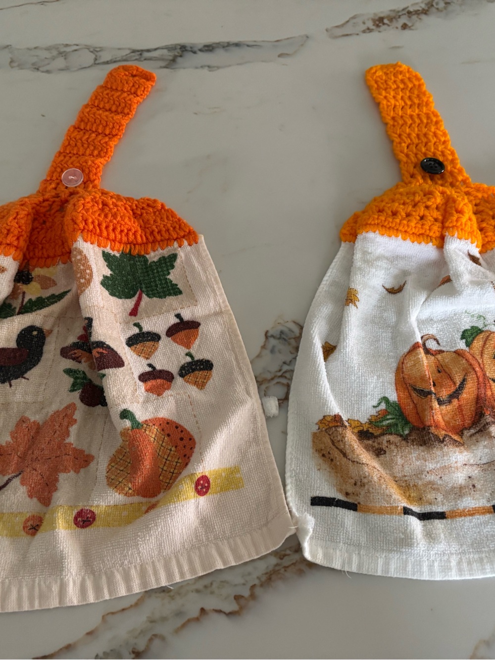Orange Crochet-Top Hanging Kitchen Towel - Seasonal Pumpkin & Acorn Prints
